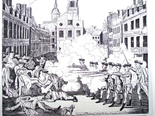 A Limited Edition Reprint of Paul Revere's famous depiction of the "Bloody Massacre" which took place in Boston on March 5, 1770.